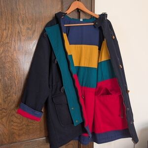 Vintage Navy Wool Wooden Toggle Coat With Colorful Cotton Lining